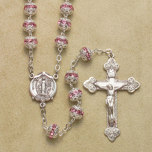 7mm Light Rose Fancy Cap Rosary with Sterling Silver Crucifix & Center - Boxed