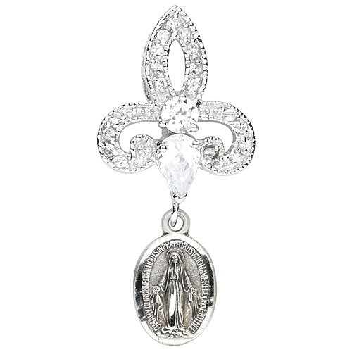 Sterling Silver Fleur Delis Bale w/Hand Set CZ's & Sterling Miraculous w/18" Chain - Boxed