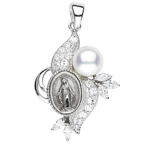 Sterling Silver Miraculous Pendant w/Cubic Zirc & Cult Pearl w/18" Chain - Boxed