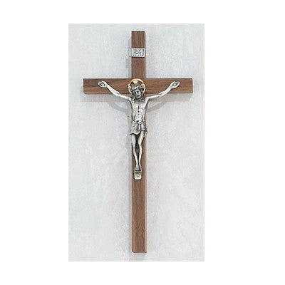 8" Walnut Crucifix w/Silver Corpus & Gold Halo