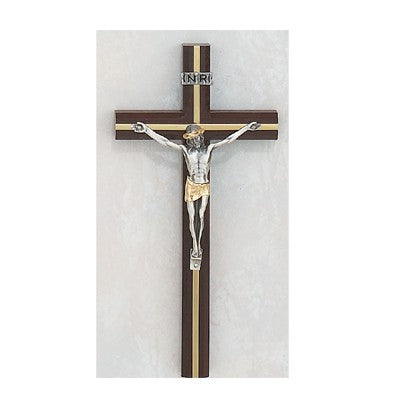 10" Cherry Wood Crucifix w/Gold Overlay