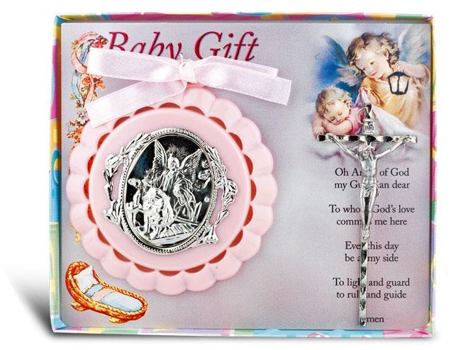 Guardian Angel Crib Medal and Crucifix - Girl