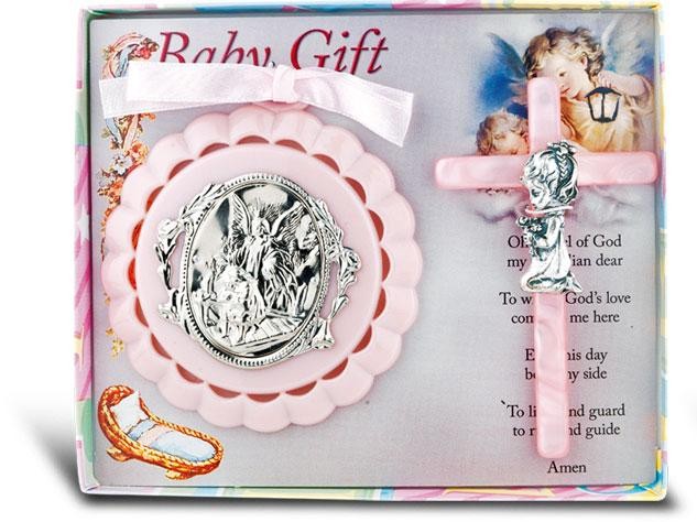 Guardian Angel Crib Medal and Pearlized Cross - Girl