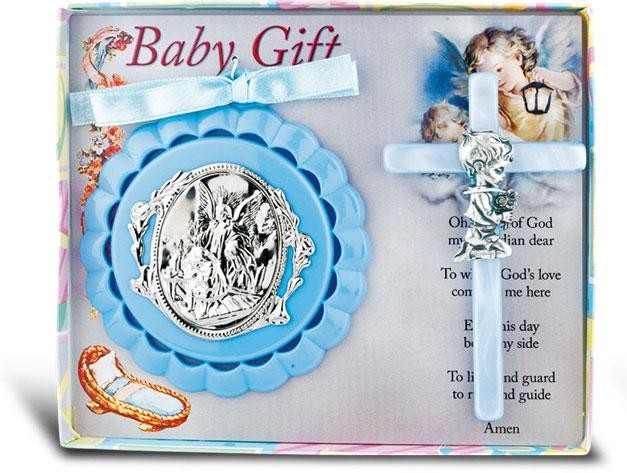 Guardian Angel Crib Medal and Pearlized Cross - Boy