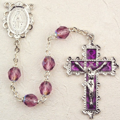 6mm Dark Amethyst/February Sterling Silver Rosary w/Enamel Crucifix