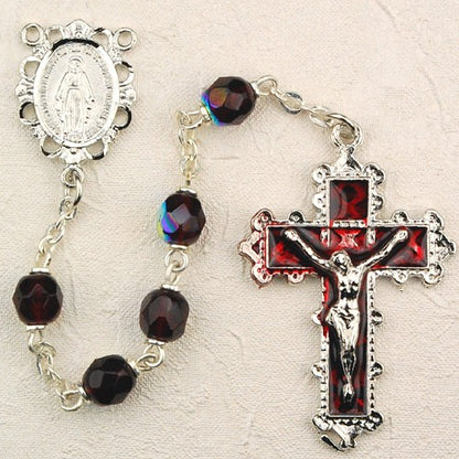 6mm Garnet/January Rosary w/Enamel Crucifix