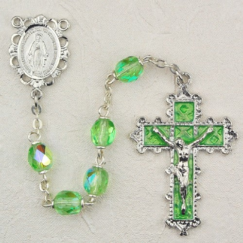 6mm Peridot/August Rosary w/Enamel Crucifix