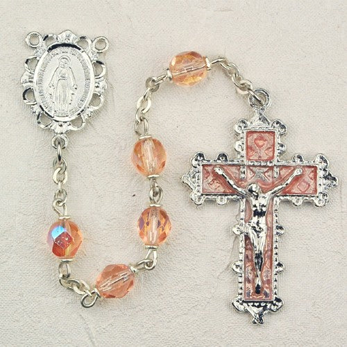 6mm Rose/October Rosary w/Enamel Crucifix