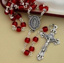 7mm Ruby Rosary with Sterling Silver Crucifix & Center - Boxed