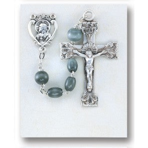 5x7 Oval Grey Glass Bead Rosary with Sterling Silver Crucifix & Center - Boxed