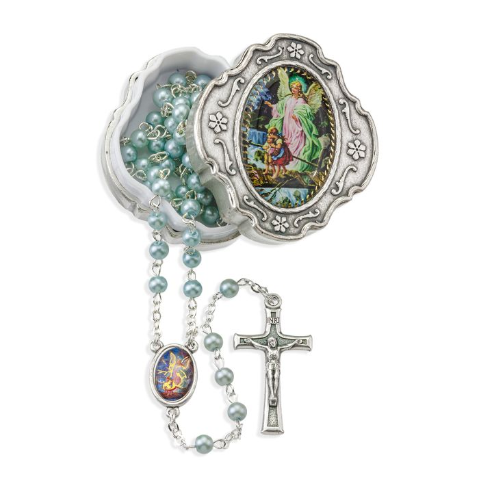 Light Blue Pearlized Rosary in Metal Keepsake Box