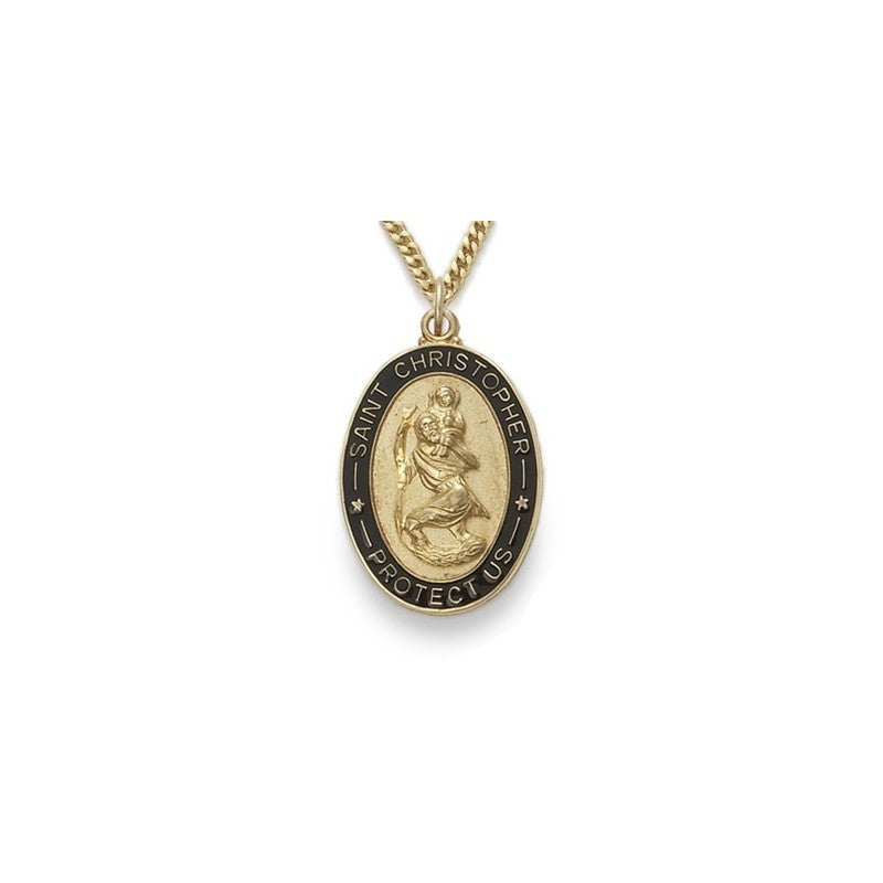 St. Christopher 24K Gold over Sterling Silver Oval Medal Black Edge w/24" Chain