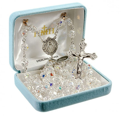 8mm Swarovski Capped Crystal  Sterling Silver Rosary - Boxed