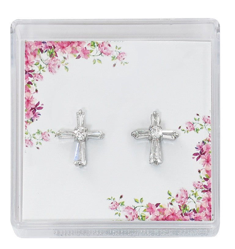 Silver Crystal Cross Earrings