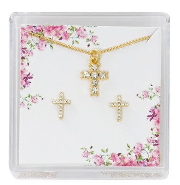 Gold Plated Crystal Cross Earrings & Pendant