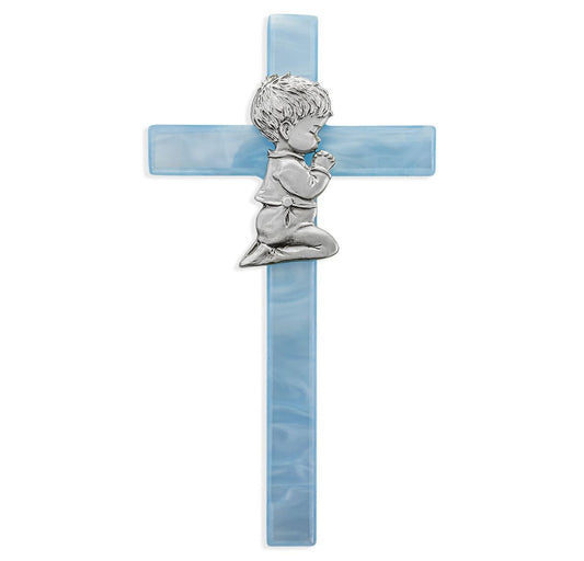 Blue Pearlized Cross with Praying Boy