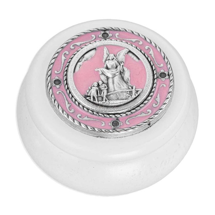 Guardian Angel White Wood & Pink Silver Metal Keepsake Box
