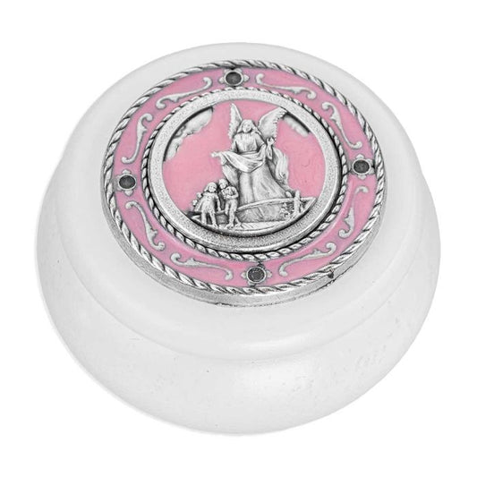 Guardian Angel White Wood & Pink Silver Metal Keepsake Box