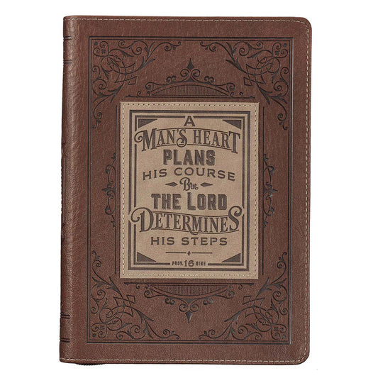 A Man's Heart Classic Faux Leather Zippered Journal in Brown - Proverbs 16:9