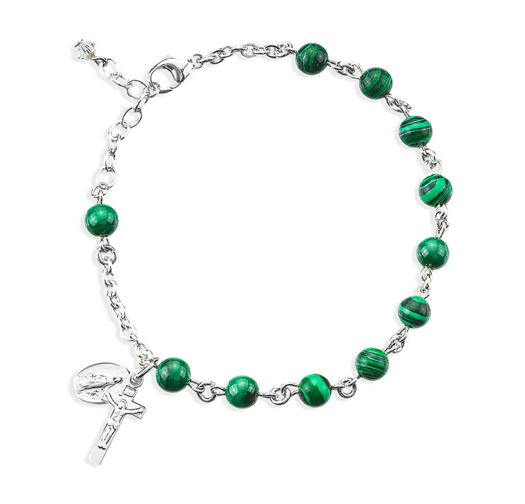 6mm Malachite Sterling Silver Rosary Bracelet - Boxed