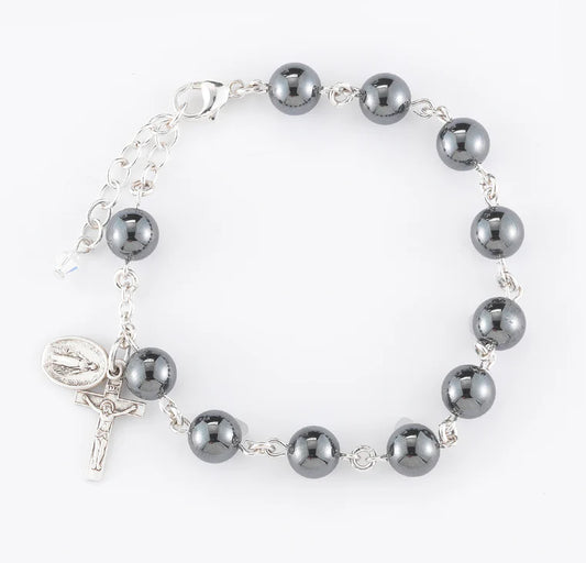 8mm Hematite All Sterling Rosary Bracelet - Boxed