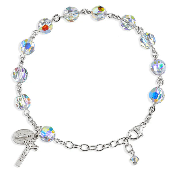 8mm Swarovski Crystal (AB) Sterling Rosary Bracelet - Boxed