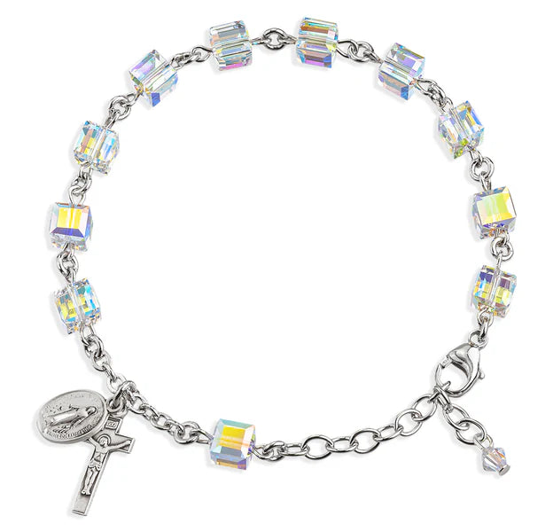 4mm Crystal Cube Swarovski Sterling Silver Rosary Bracelet - Boxed