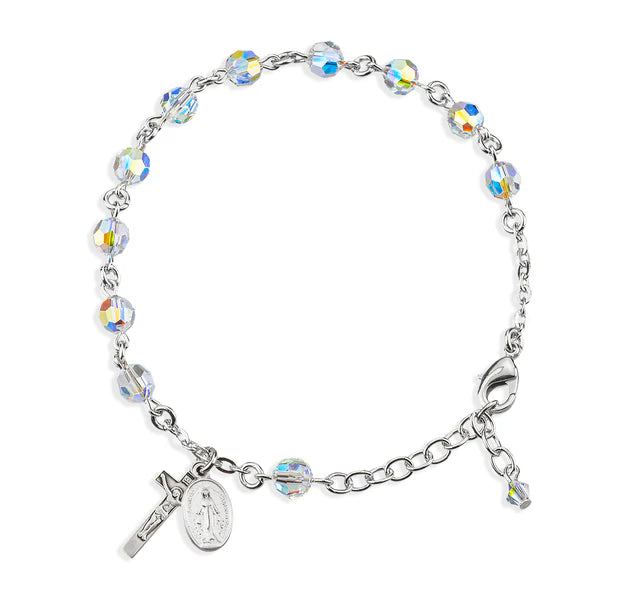 6mm Swarovski Crystal (AB) Sterling Silver Rosary Bracelet - Boxed