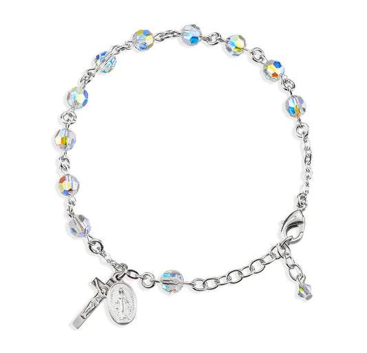 6mm Swarovski Crystal (AB) Sterling Silver Rosary Bracelet - Boxed