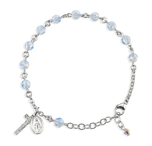 6mm Swarovski Opal (AB) Sterling Silver Rosary Bracelet - Boxed