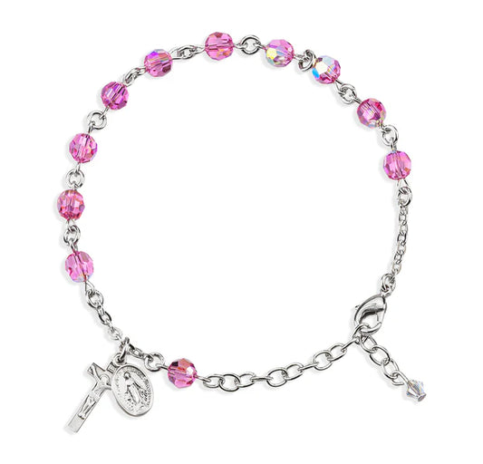 6mm Swarovski Pink (AB) Sterling Silver Rosary Bracelet - Boxed