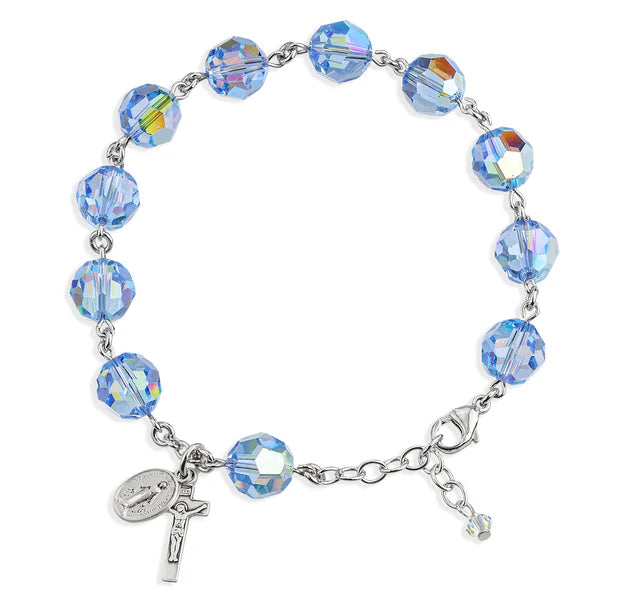 10mm Swarovski Light Sapphire Sterling Silver Rosary Bracelet - Boxed