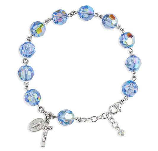 10mm Swarovski Light Sapphire Sterling Silver Rosary Bracelet - Boxed