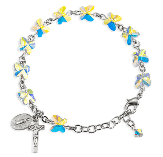 8mm Swarovski Butterfly Rosary Bracelet w/Crucifix & Miraculous - Boxed