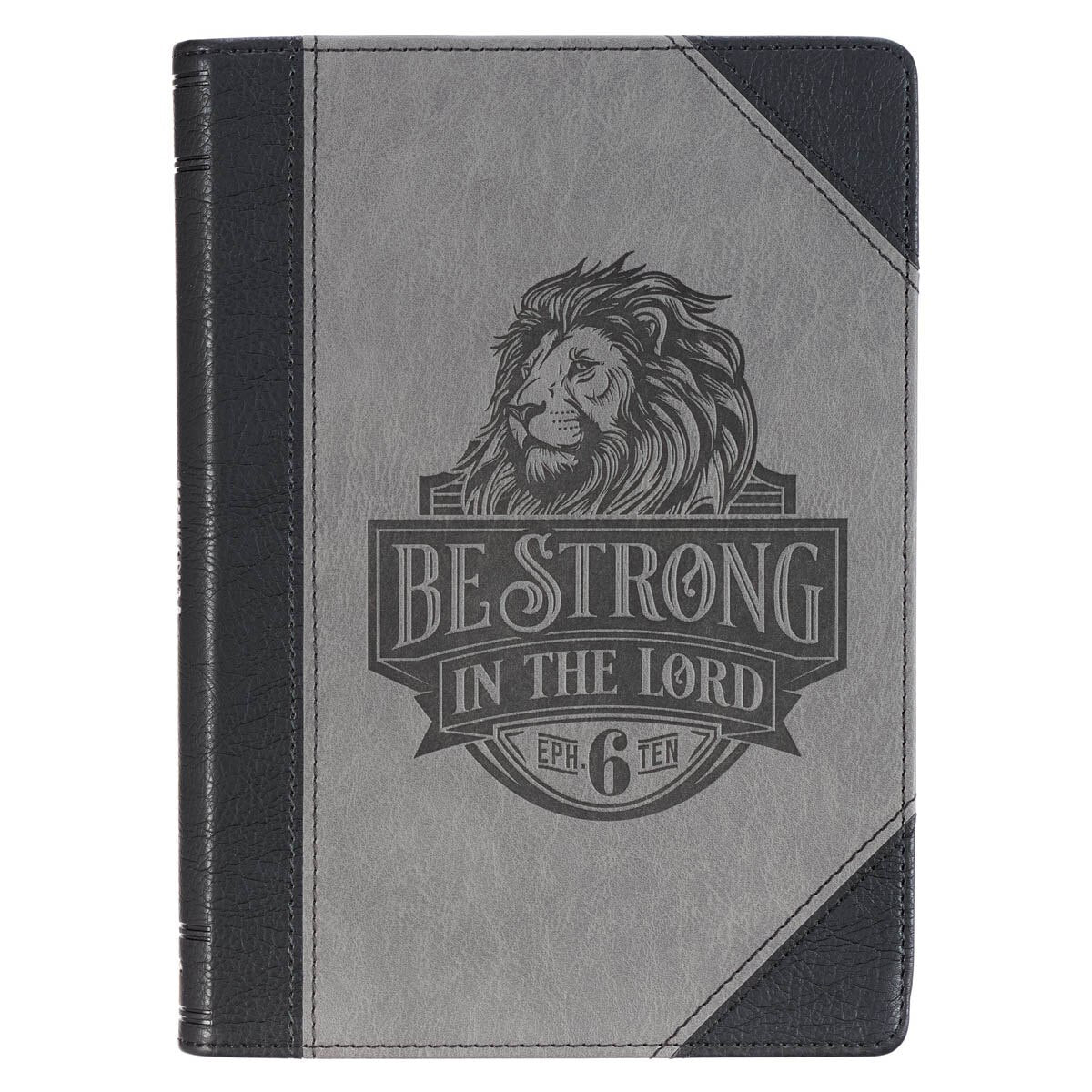 Be Strong in the Lord Black and Gray Lion Faux Leather Journal - Ephesians 6:1