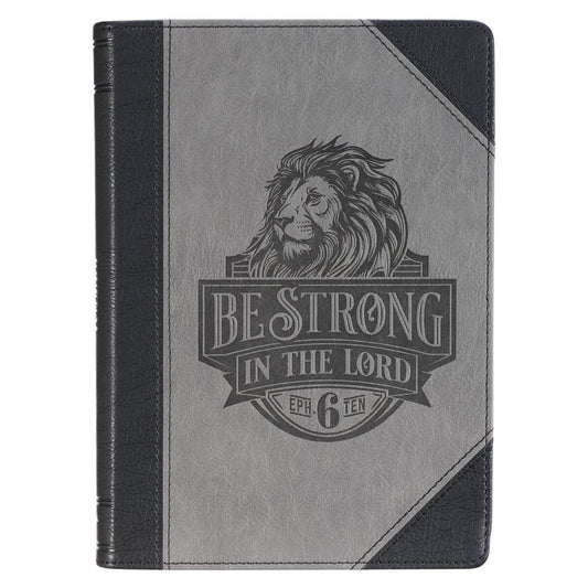 Be Strong in the Lord Black and Gray Lion Faux Leather Journal - Ephesians 6:1