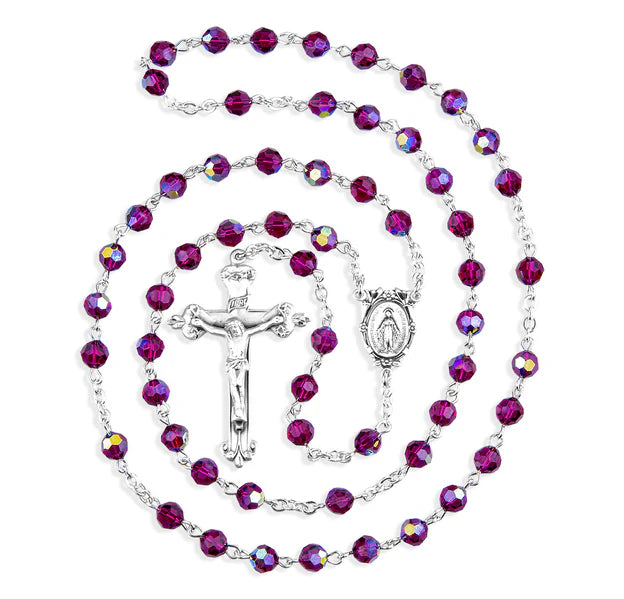 6mm Swarovski Fuchsia Sterling Silver Rosary - Boxed