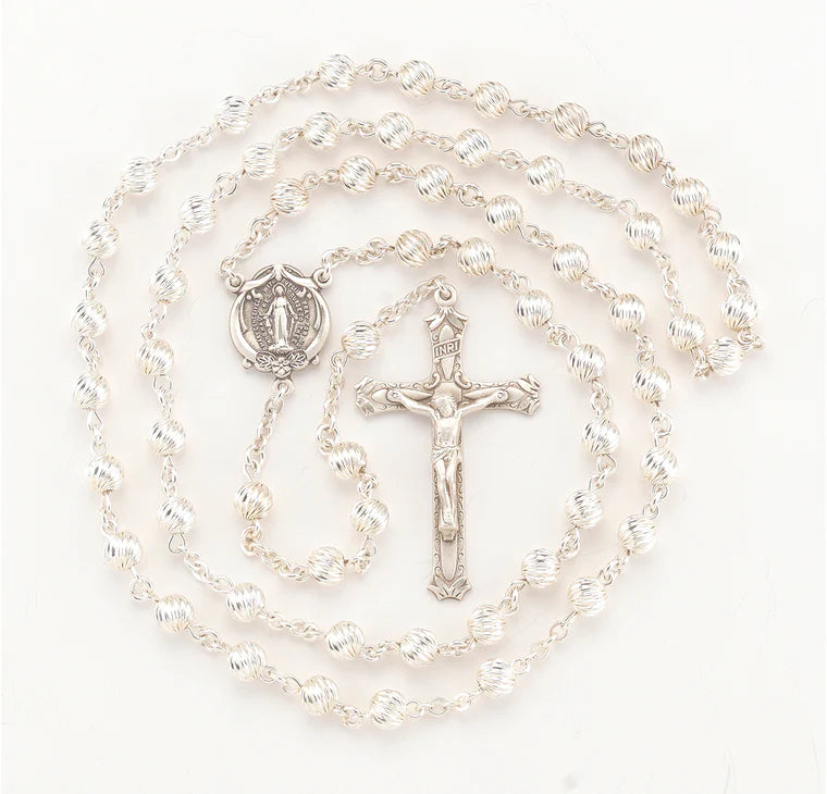 6mm Sterling Silver Spiral Corrugated Rosary - Boxed