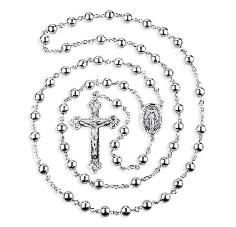 7mm Sterling Silver High Polished Rosary - Boxed
