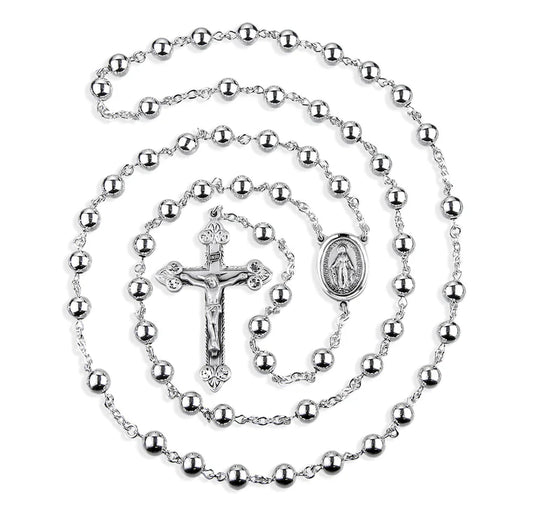 7mm Sterling Silver High Polished Rosary - Boxed