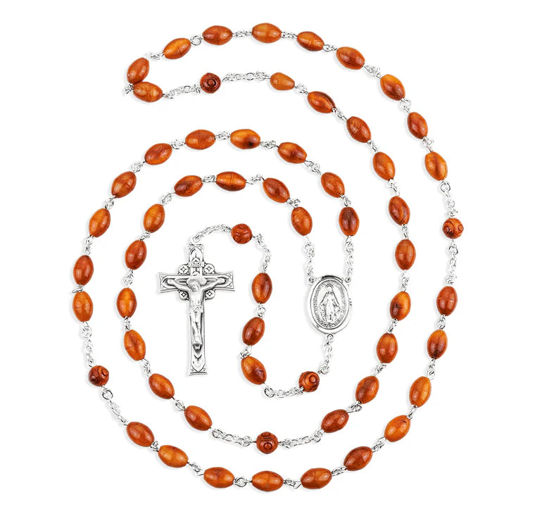 Brown Oval Cocoa Bead Sterling Silver Rosary - Boxed