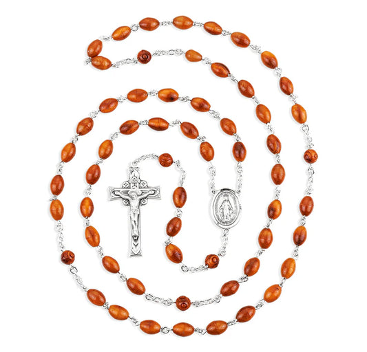 Brown Oval Cocoa Bead Sterling Silver Rosary - Boxed