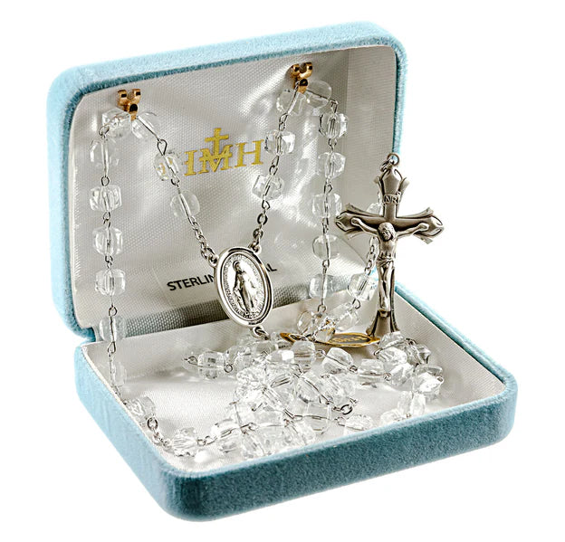 6mm Cube Crystal with Sterling Silver Crucifix & Center - Boxed