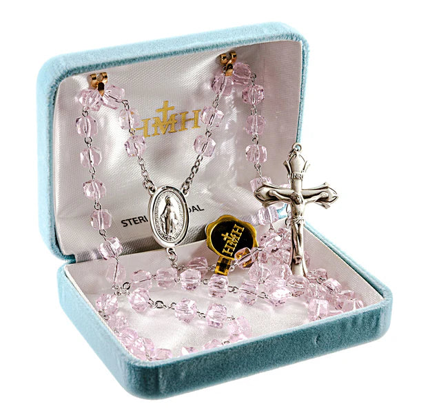 6mm Cube Light Rose with Sterling Silver Crucifix & Center - Boxed