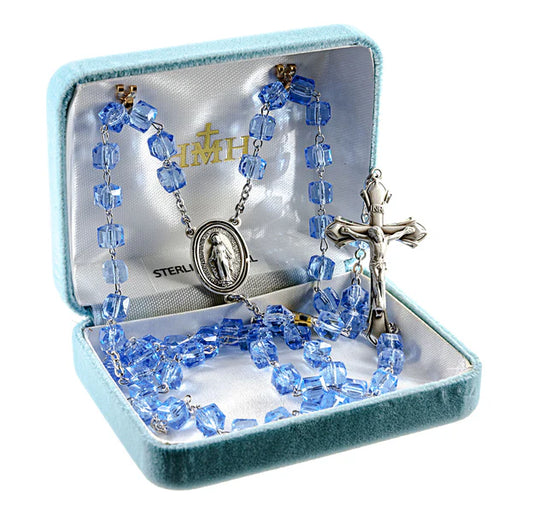 6mm Cube Light Sapphire Rosary with Sterling Silver Crucifix & Center - Boxed