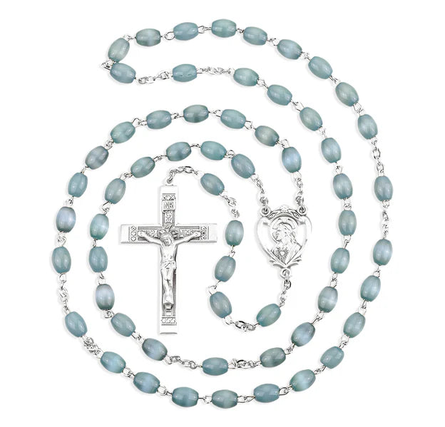 5x7 Oval Grey Glass Bead Rosary with Sterling Silver Crucifix & Center - Boxed