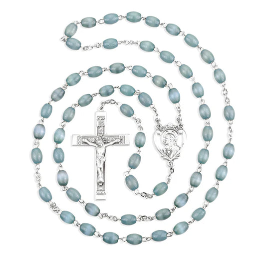 5x7 Oval Grey Glass Bead Rosary with Sterling Silver Crucifix & Center - Boxed