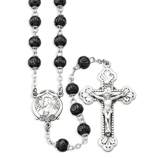 6mm Black Carved Boxwood Bead Rosary Sterling Crucifix and Centerpiece