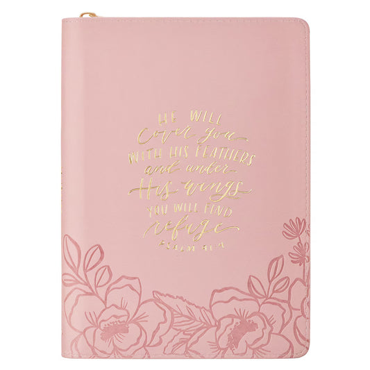 Under His Wings Pink Faux Leather Classic Journal with Zipper Closure - Psalm 91:4