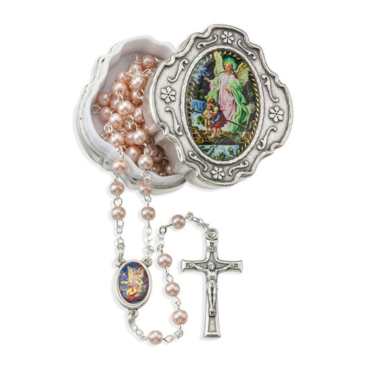 Pink Pearlized Rosary in Metal Keepsake Box